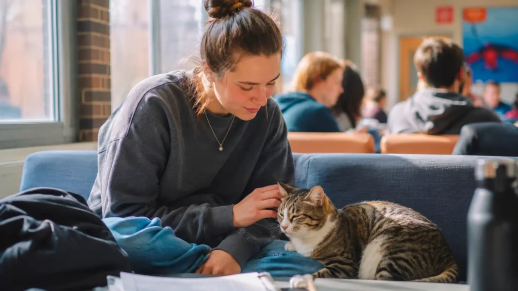 Étudiante caressant un chat calme dans un espace universitaire lumineux pour réduire son stress.