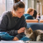 Étudiante caressant un chat calme dans un espace universitaire lumineux pour réduire son stress.