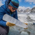 Un glaciologue examine une carotte de glace extraite d’un glacier alpin en pleine fonte.