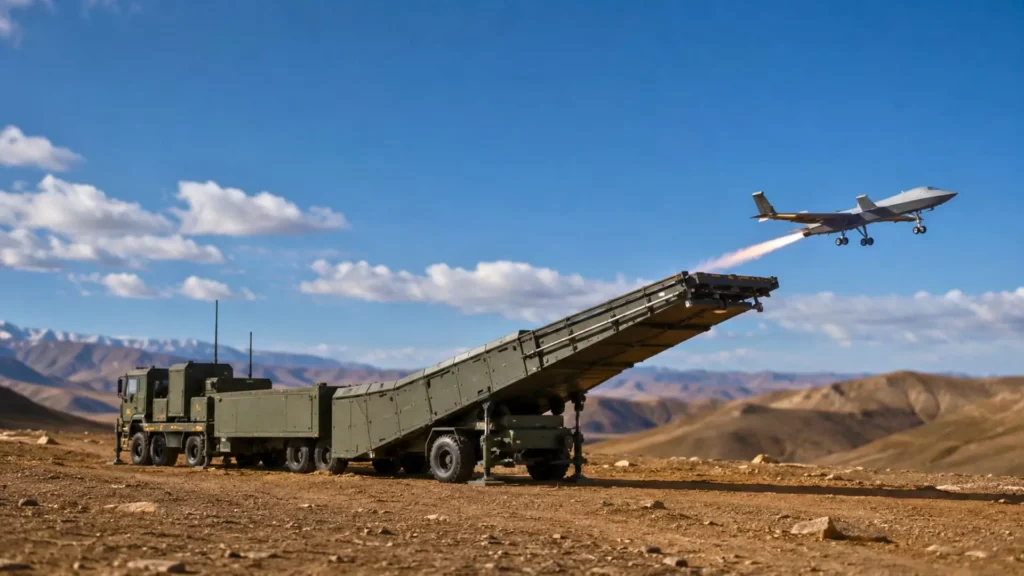 Une catapulte électromagnétique mobile montée sur camions lance un drone militaire depuis un plateau désertique montagneux.