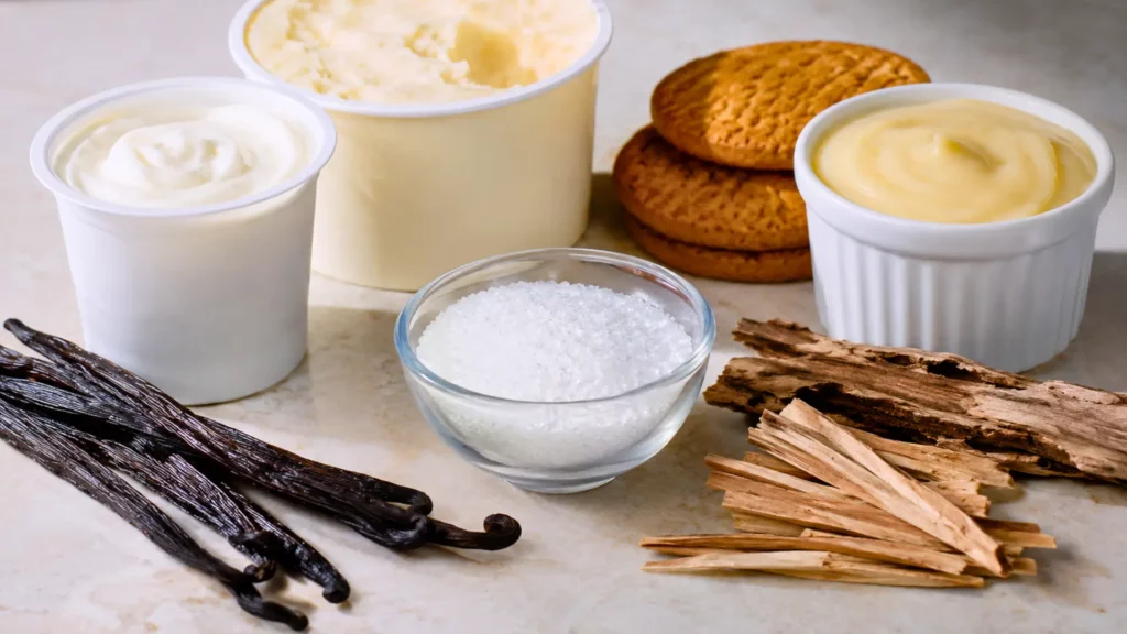 Desserts à la vanille, gousses naturelles, cristaux de vanilline et morceaux de bois illustrant les différentes origines de l’arôme vanille.