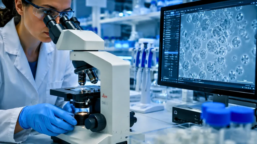 Scientifique observant au microscope une cellule synthétique en laboratoire de biologie