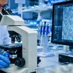 Scientifique observant au microscope une cellule synthétique en laboratoire de biologie