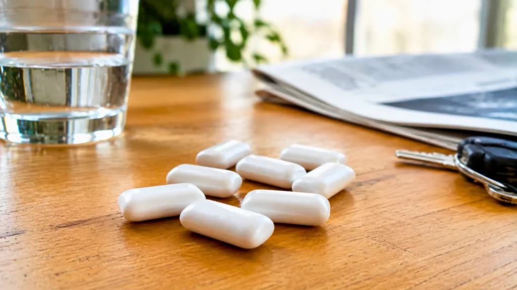 Chewing-gums blancs sans marque posés sur une table en bois, près d’un verre d’eau, de clés et d’un journal.