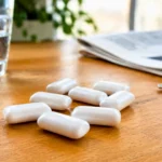Chewing-gums blancs sans marque posés sur une table en bois, près d’un verre d’eau, de clés et d’un journal.