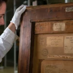 Une conservatrice examine les anciennes étiquettes et inscriptions au dos d’un tableau recherché par le musée des Beaux-Arts d’Orléans.