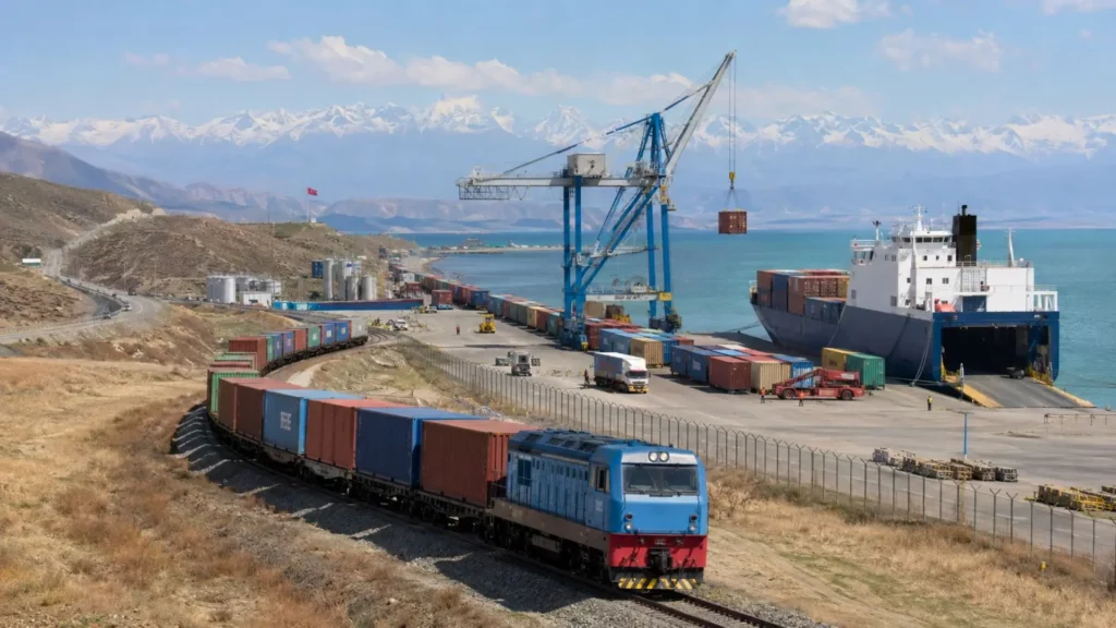 Un train de marchandises chargé de conteneurs arrive dans un port de la mer Caspienne, où des grues transfèrent le fret vers un navire.