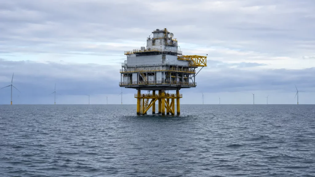 Plateforme industrielle offshore au large de la Manche, entourée par la mer, avec plusieurs éoliennes visibles en arrière-plan sous un ciel couvert.