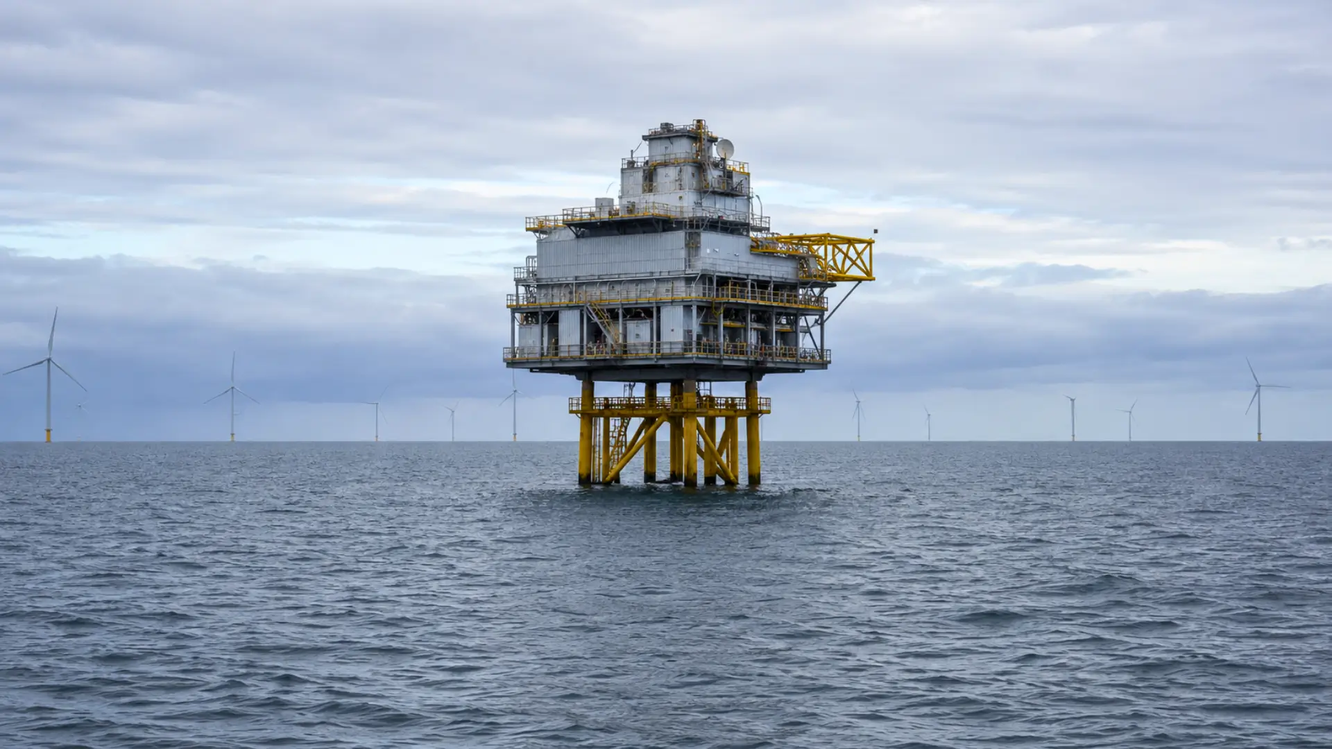 Plateforme industrielle offshore au large de la Manche, entourée par la mer, avec plusieurs éoliennes visibles en arrière-plan sous un ciel couvert.