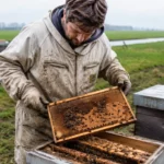Apiculteur inspectant un cadre de ruche dans un rucher du nord des Pays-Bas après l’hiver.