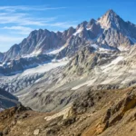 Vue réaliste des sommets rocheux et des glaciers du massif des Écrins dans les Hautes-Alpes, avec des pentes minérales fragilisées par le réchauffement.
