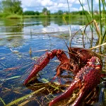 Écrevisse rouge de Louisiane dans l’eau d’un étang de la Brenne, entourée de roseaux et de végétation aquatique.