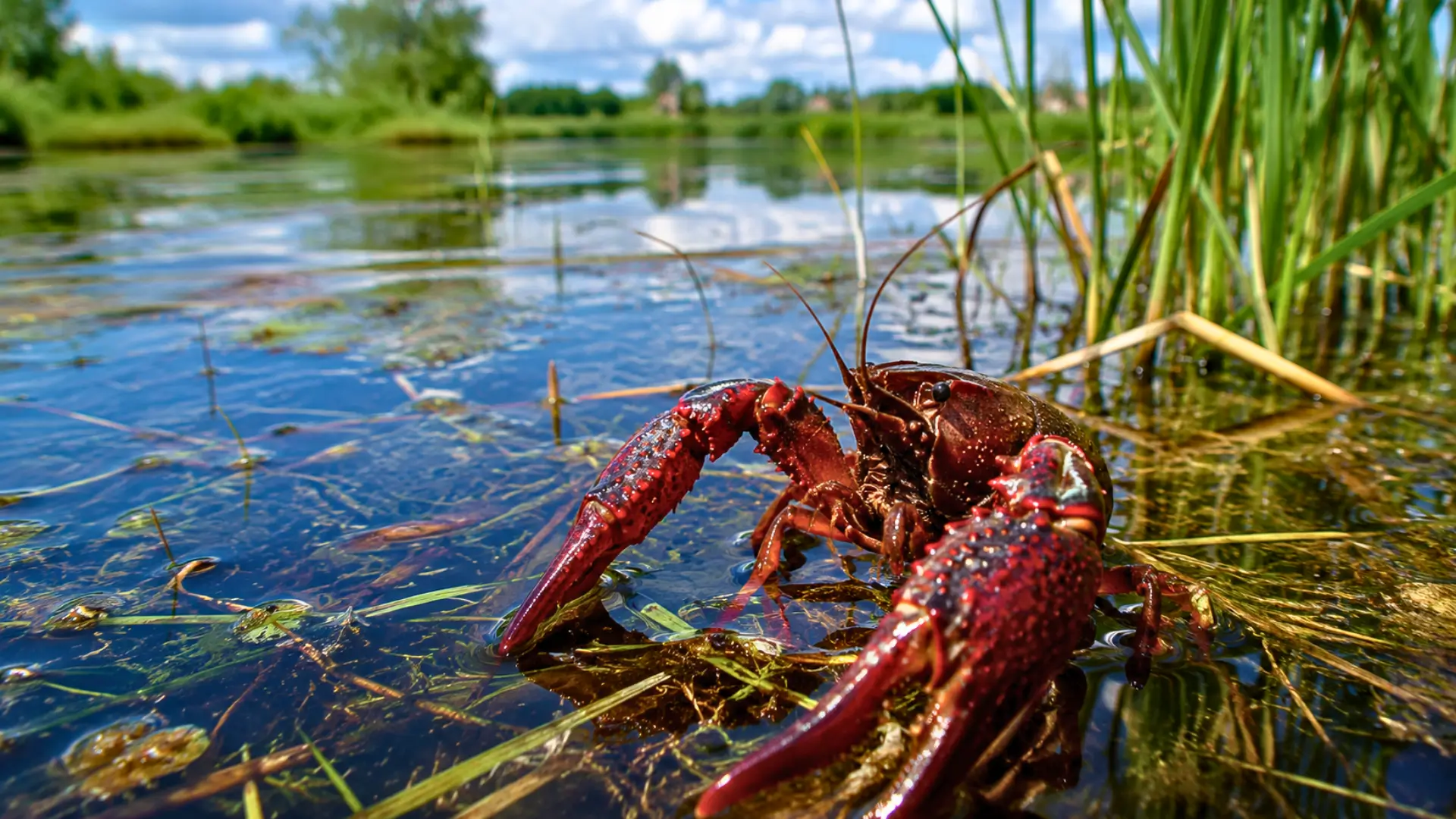 Écrevisse rouge de Louisiane dans l’eau d’un étang de la Brenne, entourée de roseaux et de végétation aquatique.