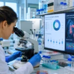 Chercheuse observant des échantillons au microscope devant un écran affichant des analyses du microbiote intestinal