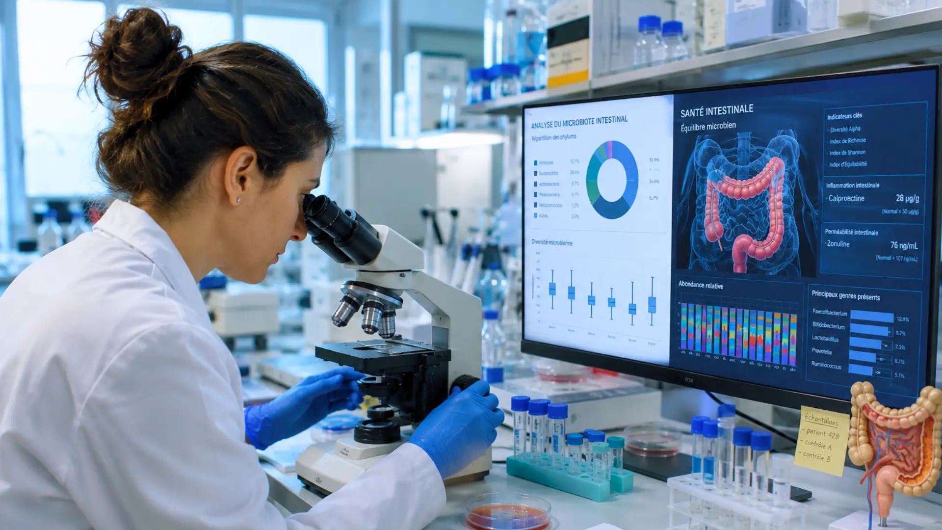 Chercheuse observant des échantillons au microscope devant un écran affichant des analyses du microbiote intestinal
