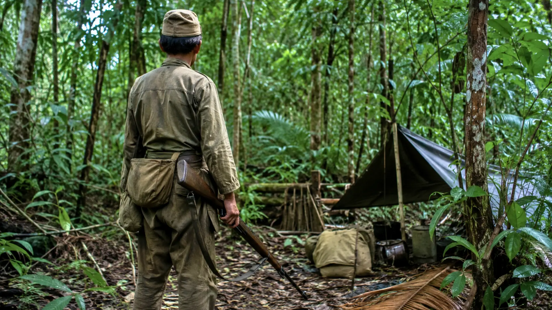 Soldat japonais vu de dos dans la jungle de Lubang, près d’un campement de fortune, tenant un fusil.