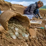 Archéologues dégageant un pot ancien rempli de pièces romaines lors d’une fouille moderne en pleine terre.