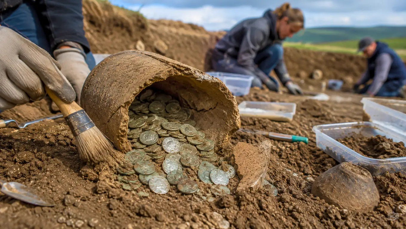 Archéologues dégageant un pot ancien rempli de pièces romaines lors d’une fouille moderne en pleine terre.