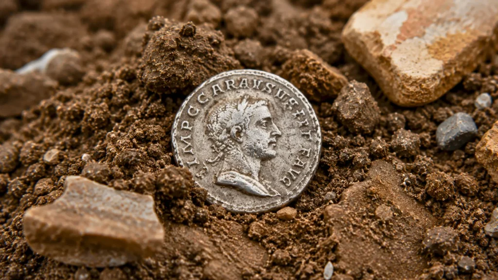 Monnaie romaine en argent de Carausius découverte dans la terre lors de fouilles archéologiques en Angleterre