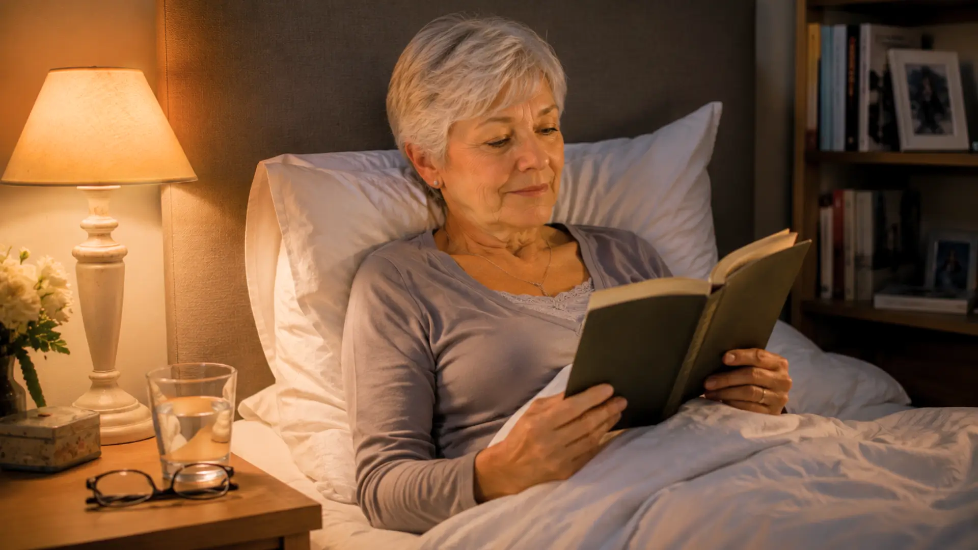 Femme senior lisant un livre au lit avant de dormir dans une chambre chaleureuse