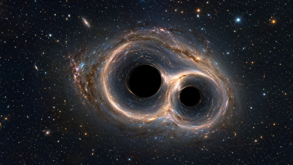 Deux trous noirs en fusion déformant la lumière des étoiles autour de leurs horizons