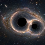 Deux trous noirs en fusion déformant la lumière des étoiles autour de leurs horizons
