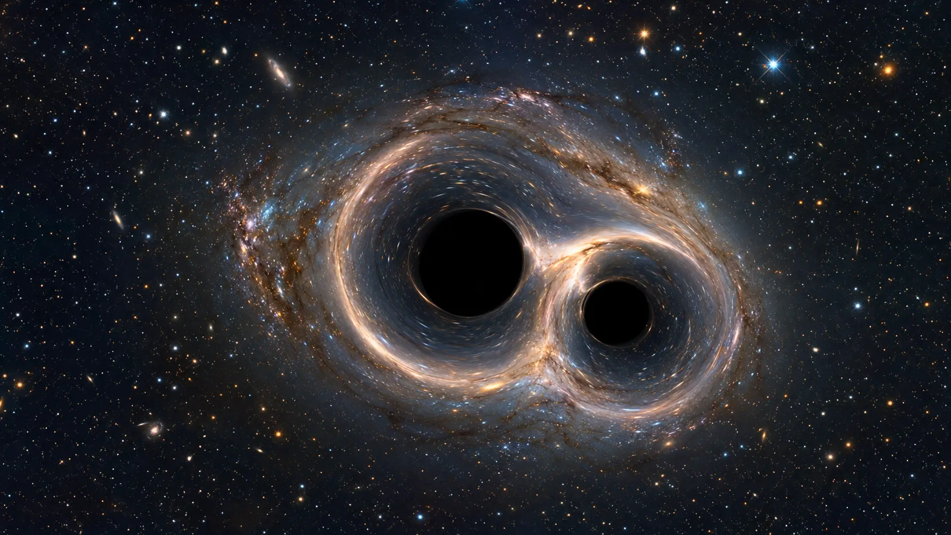 Deux trous noirs en fusion déformant la lumière des étoiles autour de leurs horizons