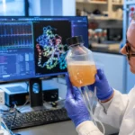 Chercheuse observant une culture bactérienne contenant une enzyme ancestrale recréée en laboratoire