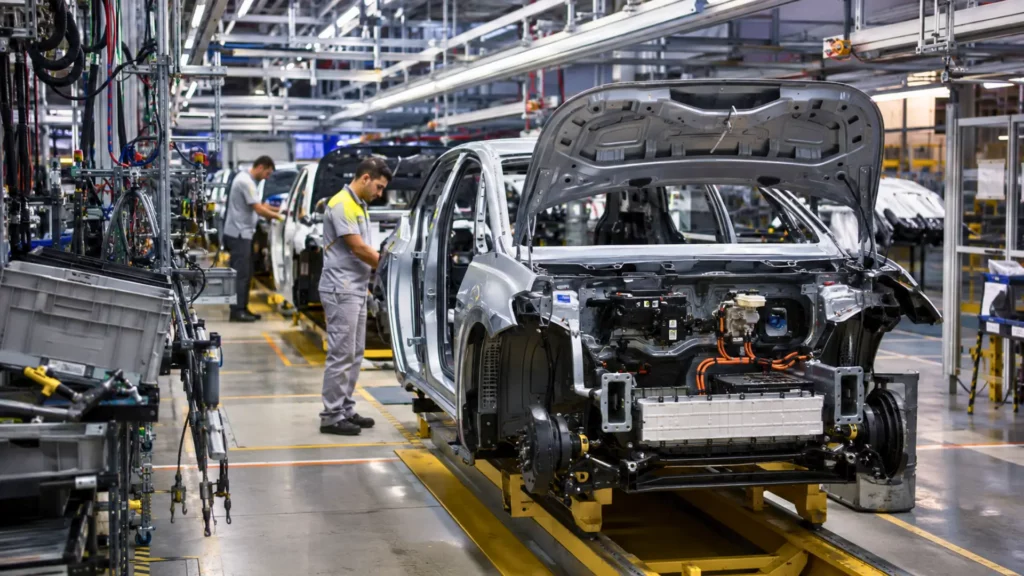 Chaîne de production de voitures électriques dans une usine automobile française moderne