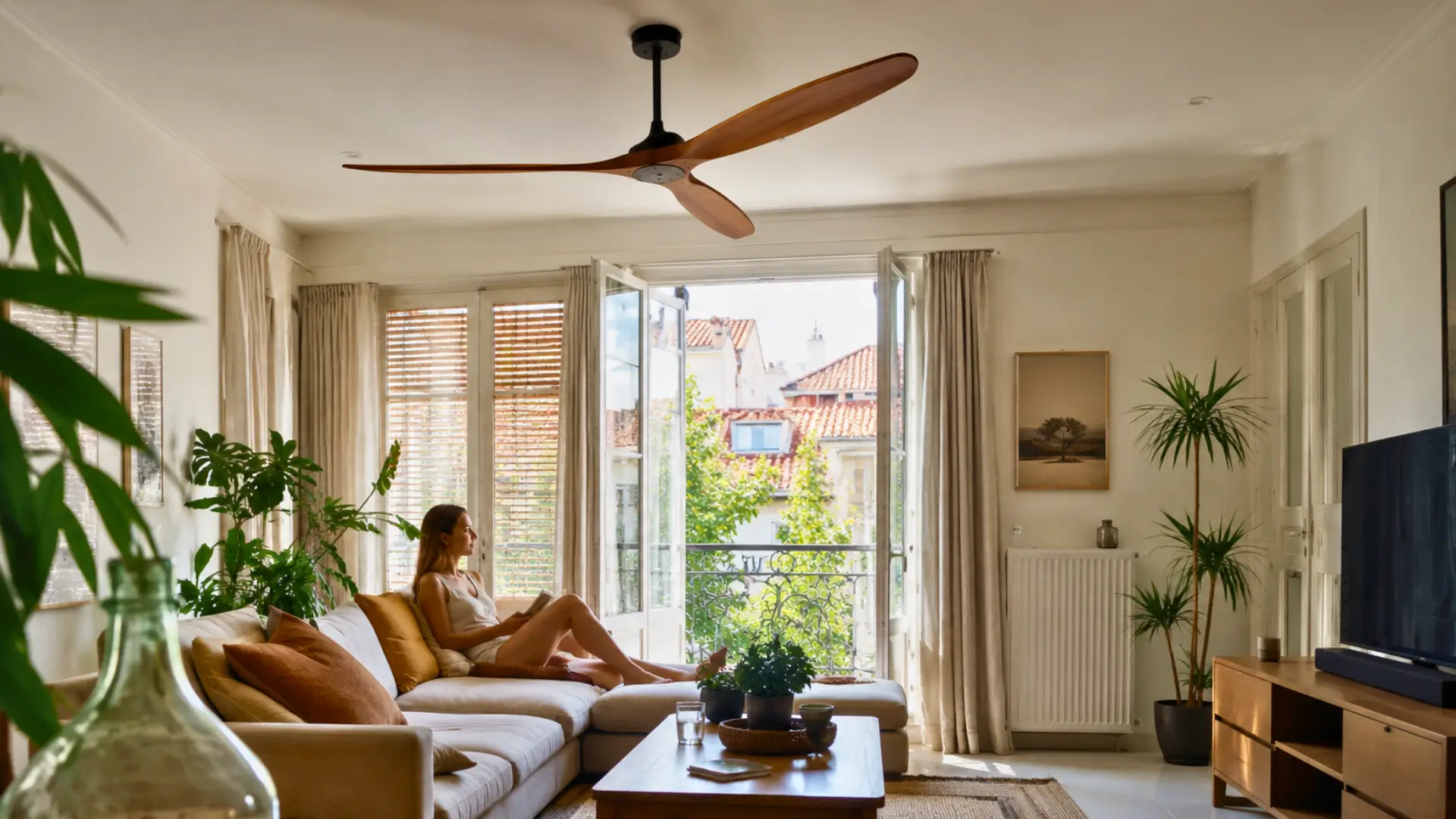 Ventilateur de plafond moderne dans un salon lumineux avec une femme assise près d’une fenêtre ouverte en été.