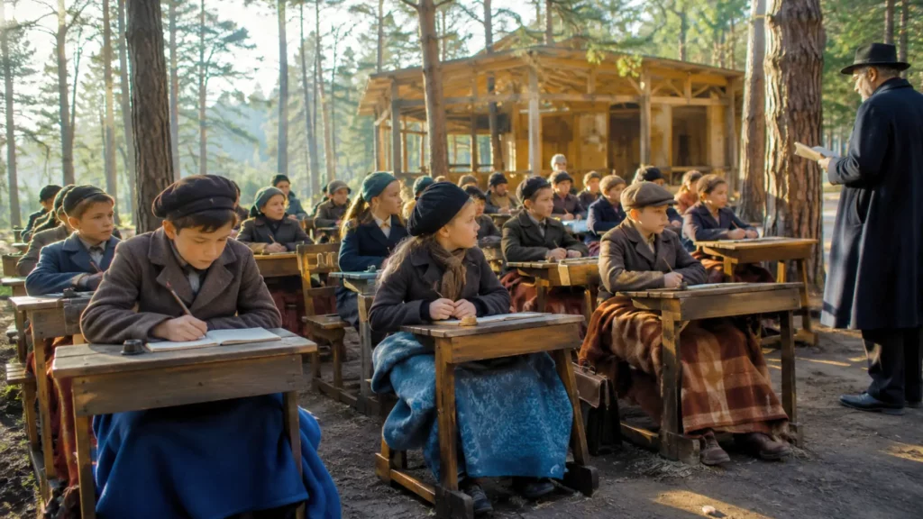 Enfants emmitouflés étudiant à des pupitres en bois dans une école de plein air au cœur d’une forêt berlinoise en 1904.