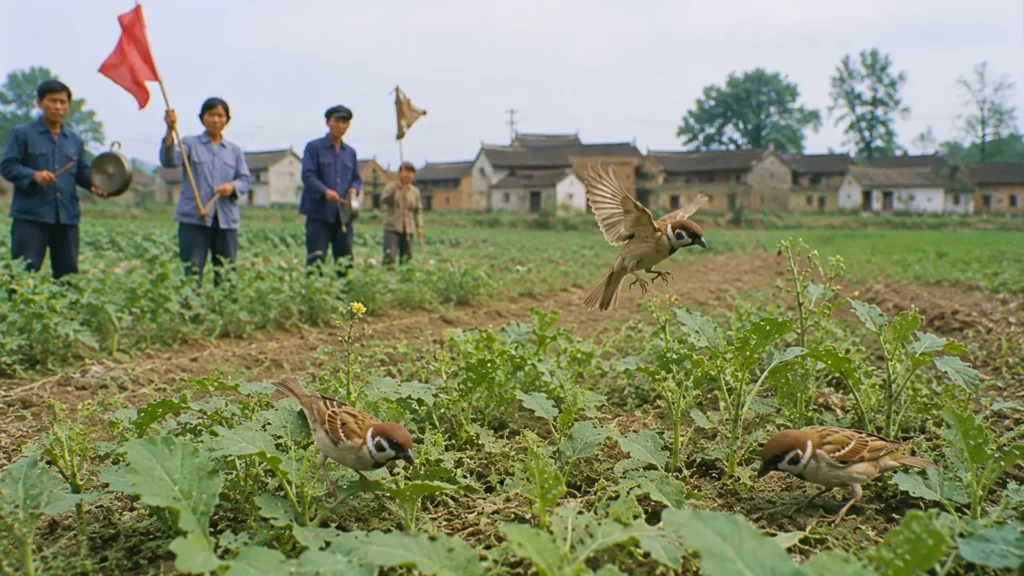 Trois moineaux dans un champ chinois en 1958, tandis que des villageois agitent des drapeaux et frappent sur des objets métalliques pour les chasser.