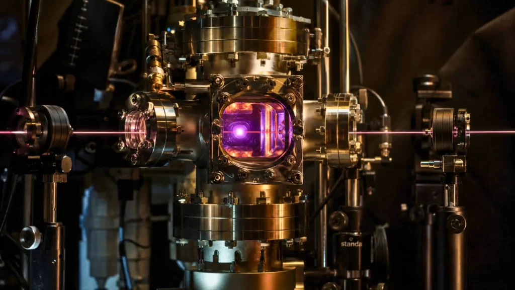 Un dispositif expérimental à atomes ultrafroids traversé par un laser dans un laboratoire de physique quantique.