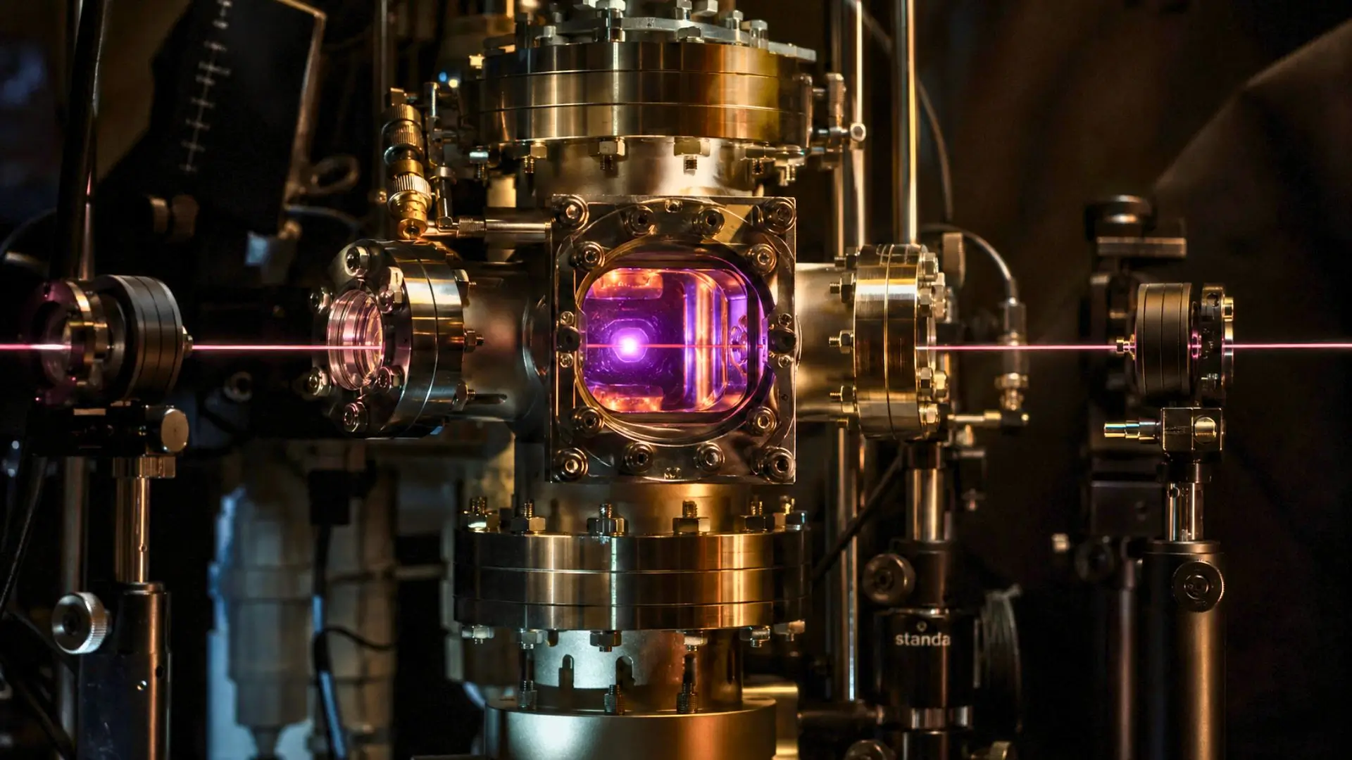 Un dispositif expérimental à atomes ultrafroids traversé par un laser dans un laboratoire de physique quantique.