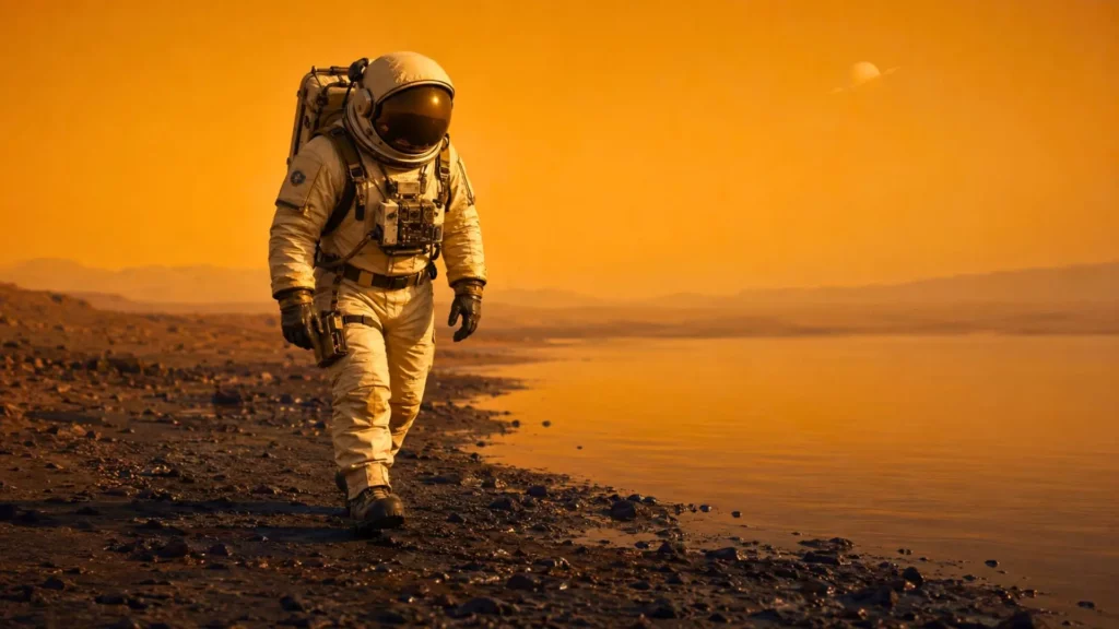 Un astronaute marche sur la rive sombre d’un lac d’hydrocarbures, sous l’atmosphère orangée de Titan, lune de Saturne.