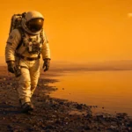 Un astronaute marche sur la rive sombre d’un lac d’hydrocarbures, sous l’atmosphère orangée de Titan, lune de Saturne.