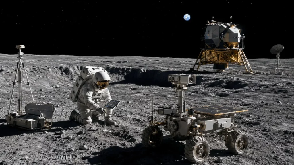 Un astronaute analyse le sol lunaire près d’un rover scientifique, d’un module d’atterrissage et d’instruments de cartographie.
