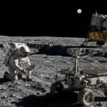 Un astronaute analyse le sol lunaire près d’un rover scientifique, d’un module d’atterrissage et d’instruments de cartographie.