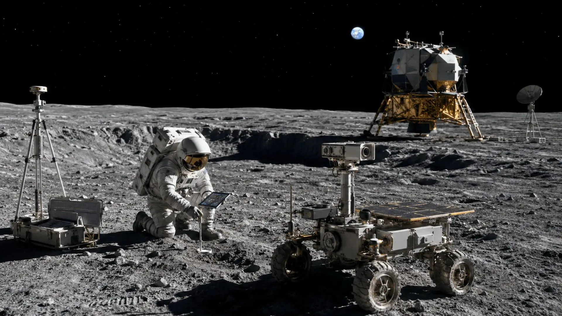 Un astronaute analyse le sol lunaire près d’un rover scientifique, d’un module d’atterrissage et d’instruments de cartographie.