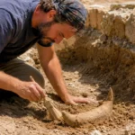 Un archéologue dégage au pinceau un artefact rituel en forme de corne dans une tranchée de fouilles à Tel Shiloh.