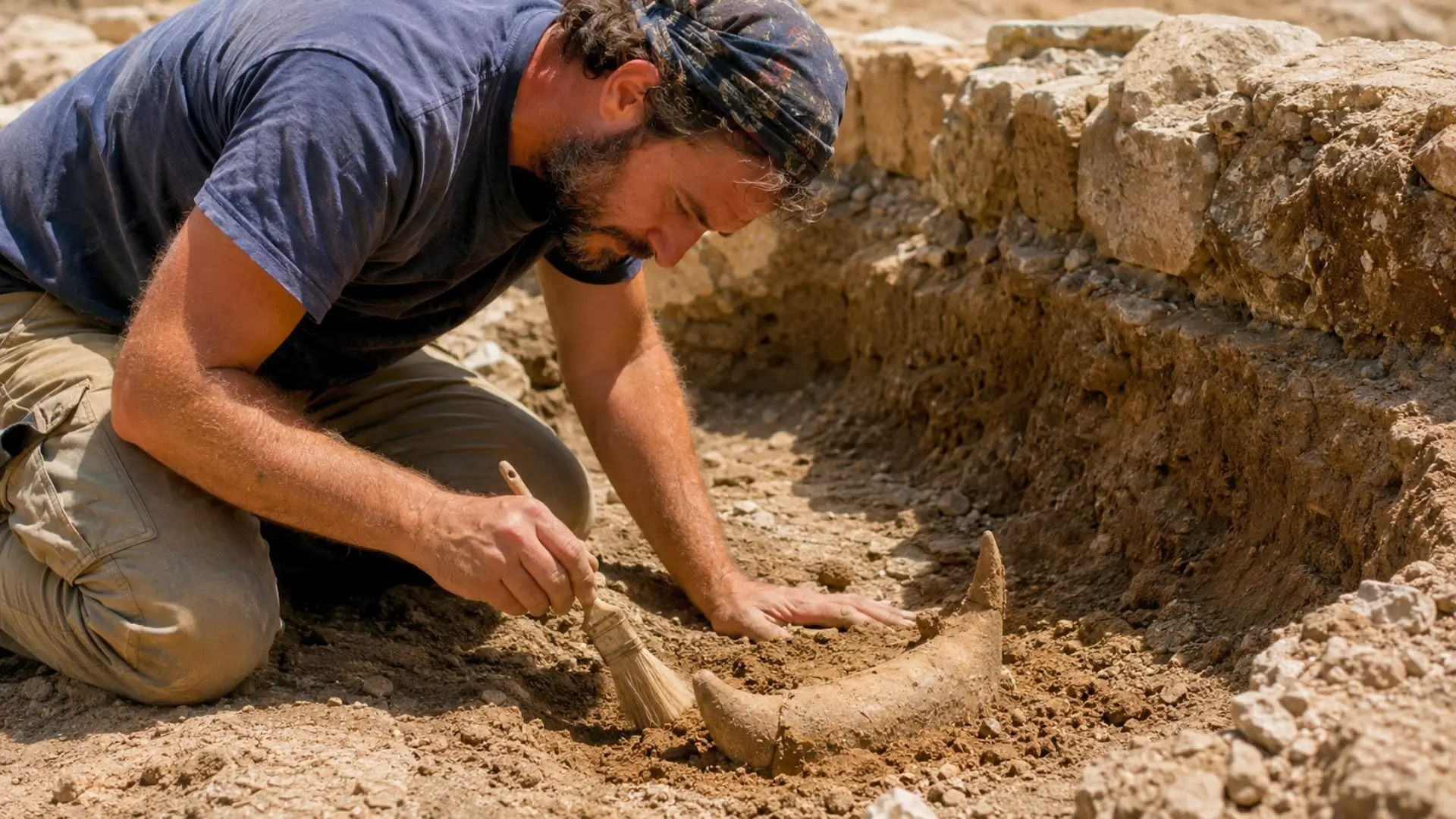 Un archéologue dégage au pinceau un artefact rituel en forme de corne dans une tranchée de fouilles à Tel Shiloh.