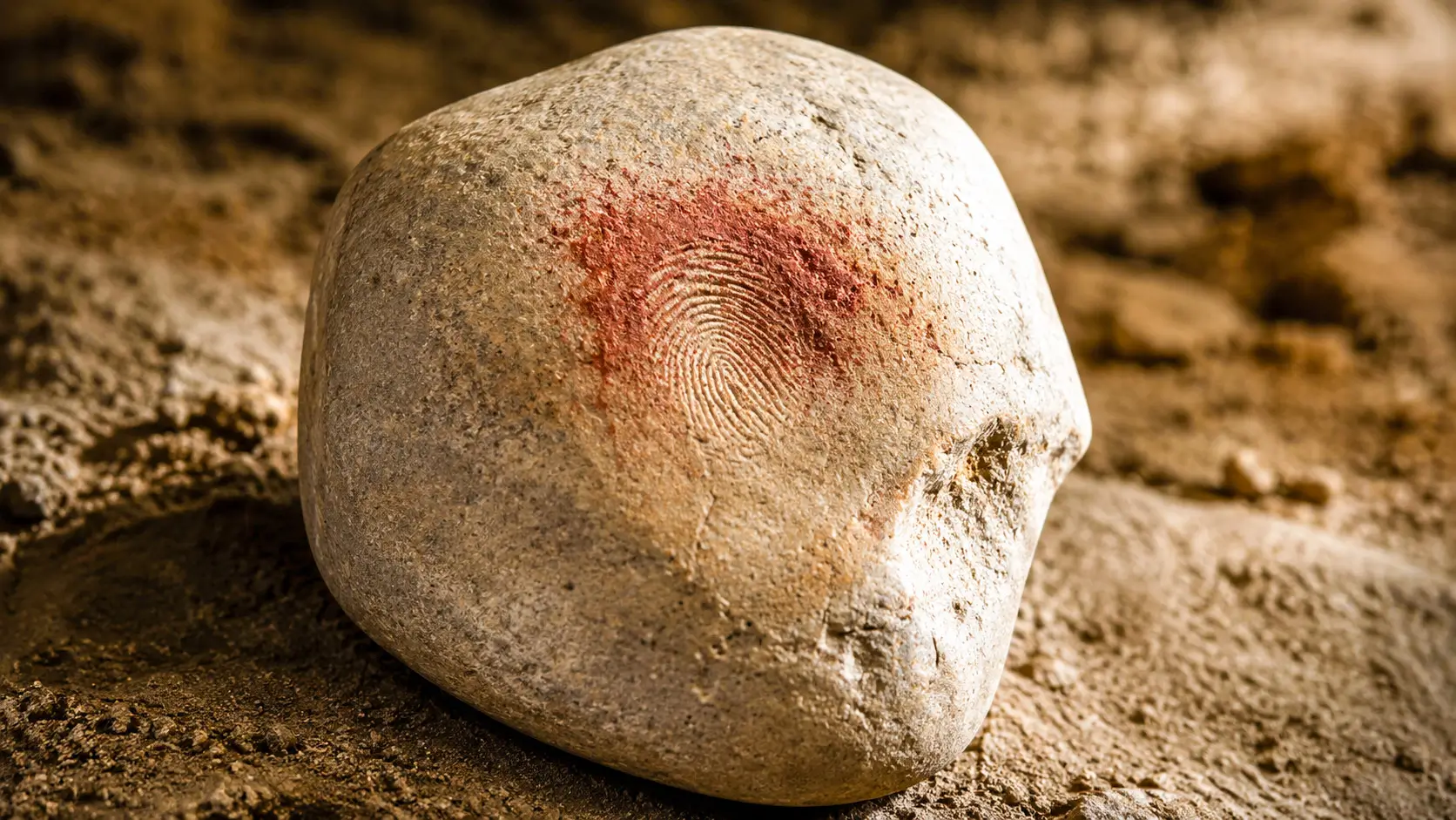 Un galet de granit marqué d’ocre rouge et d’une empreinte digitale, évoquant un geste néandertalien vieux de 43 000 ans.
