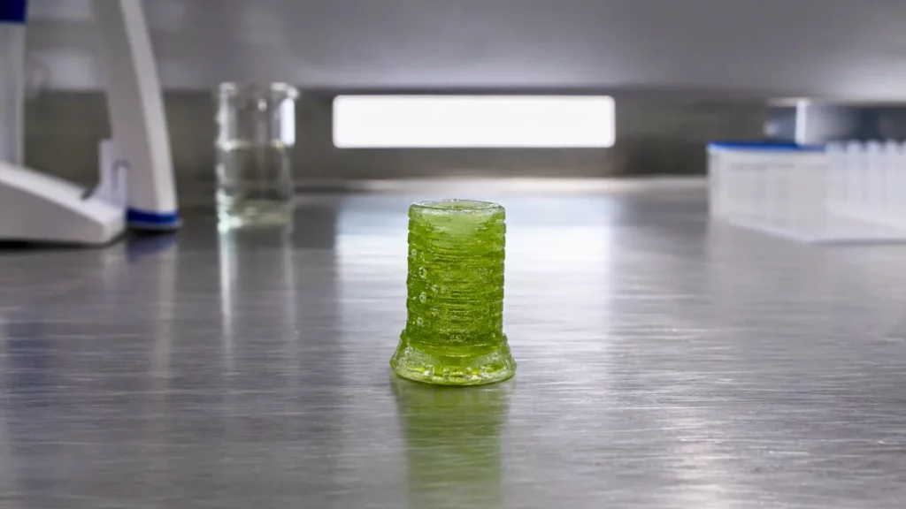 Petit échantillon vert d’hydrogel vivant imprimé en 3D sur une paillasse de laboratoire