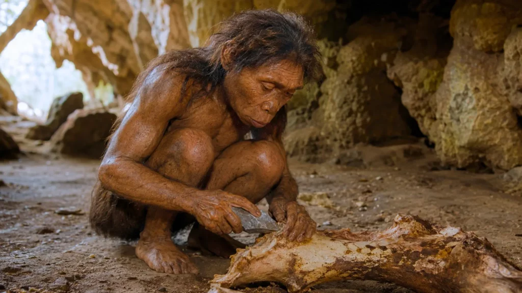 Un Homo floresiensis accroupi dans une grotte découpe les restes d’un stégodon avec un outil de pierre.
