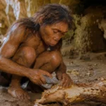 Un Homo floresiensis accroupi dans une grotte découpe les restes d’un stégodon avec un outil de pierre.