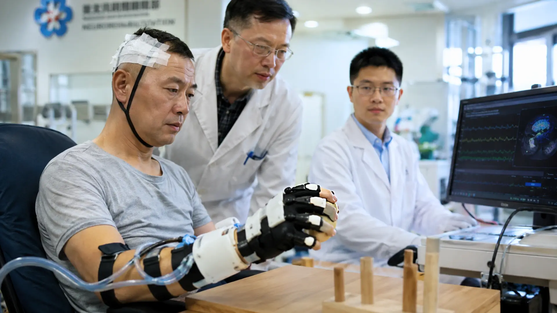 Patient utilisant un gant robotisé contrôlé par une interface cerveau-machine NEO dans un hôpital en Chine, observé par des médecins devant un écran de données neurologiques.