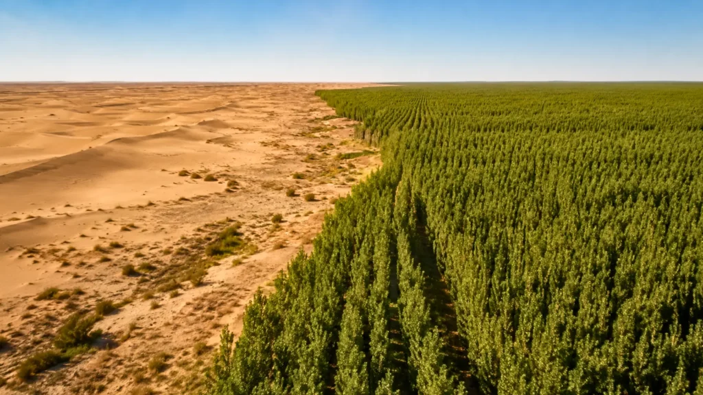 Forêt plantée en Chine bordant des dunes désertiques dans le cadre de la Grande Muraille verte.