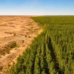 Forêt plantée en Chine bordant des dunes désertiques dans le cadre de la Grande Muraille verte.