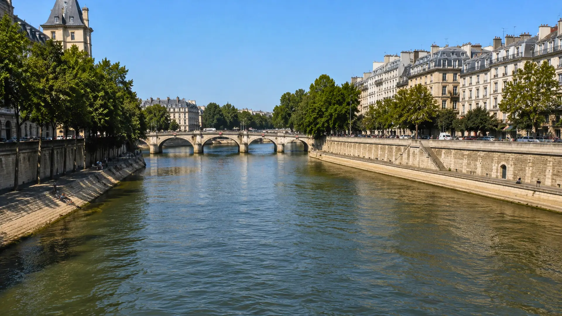Vue réaliste de la Seine à Paris en été, avec un niveau d’eau légèrement réduit, des quais en pierre, des arbres et un pont parisien.