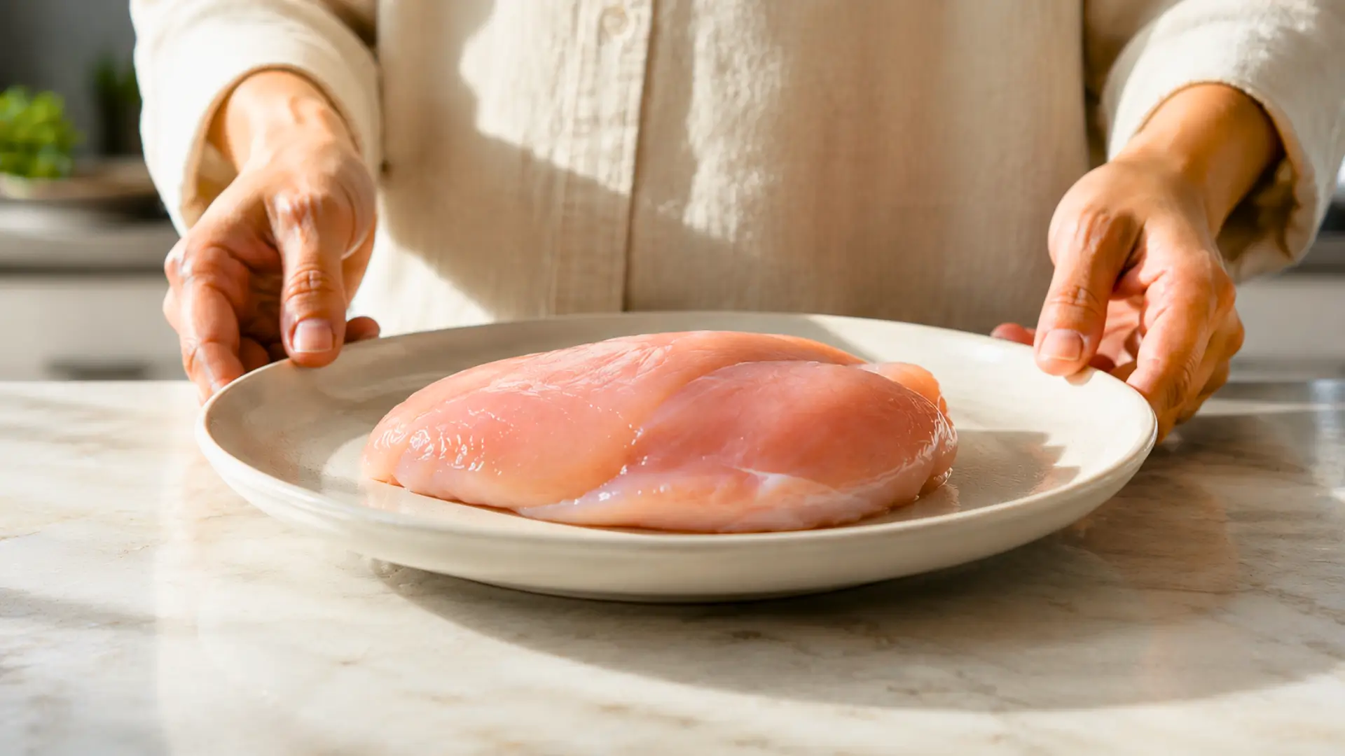 Blancs de poulet crus présentés sur une assiette blanche dans une cuisine lumineuse, évoquant la viande cultivée et les débats sur sa place dans l’alimentation.